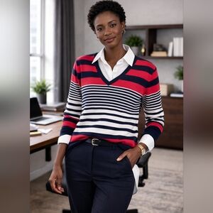 Tommy Hilfiger Red and Navy Striped V-Neck Sweater
